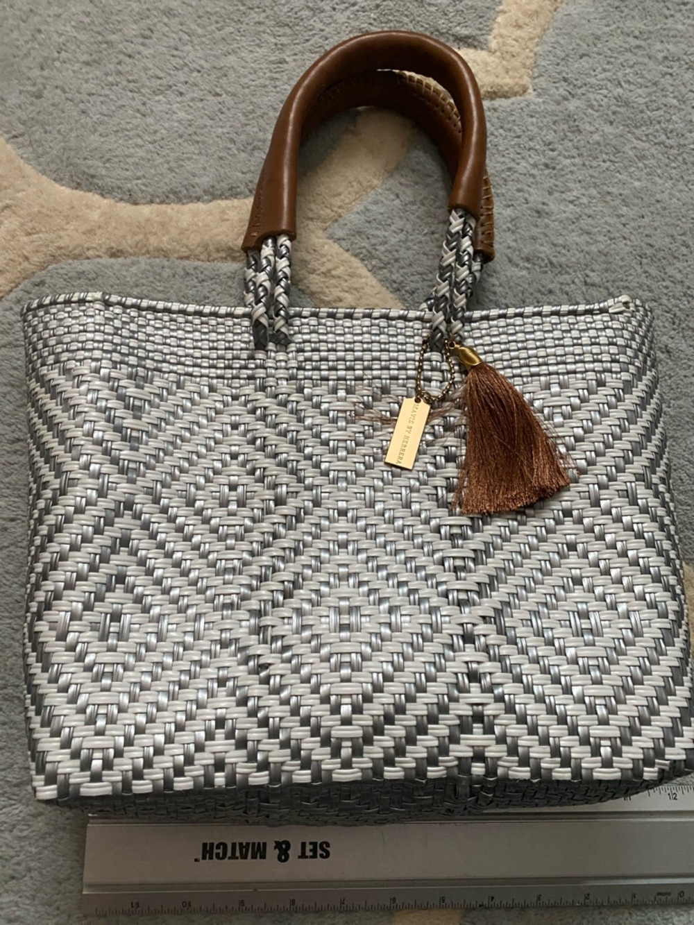 Mavis by Carolina Herrera Silver Woven Tote with Brown Handles and Tassel